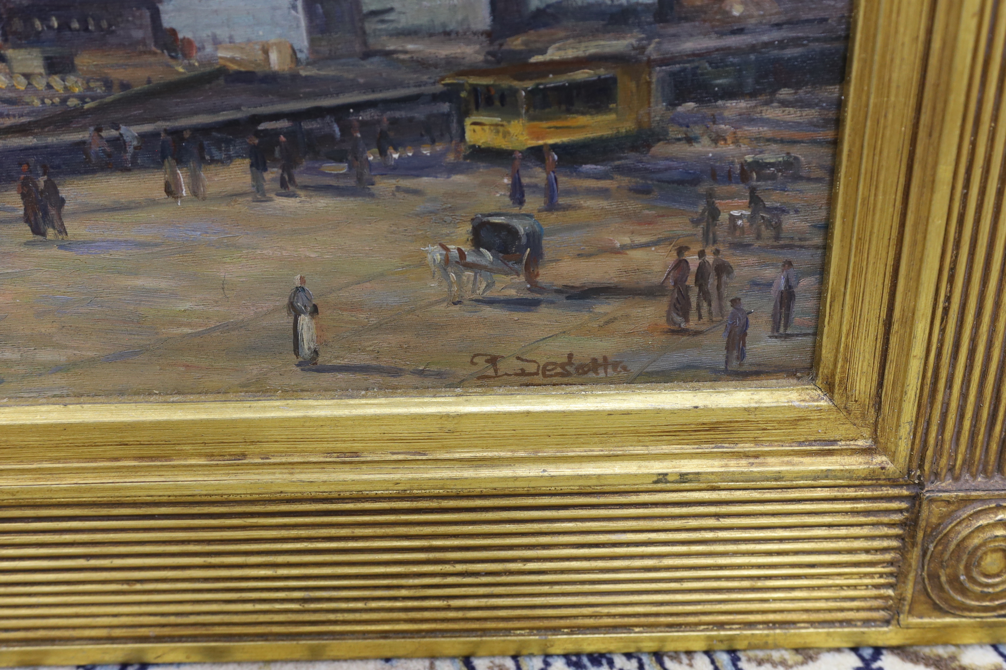J. Desotta, oil on canvas board, City riverscape, signed, 49 x 59cm